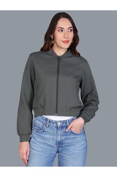 Women Grey Crop Bomber Jacket