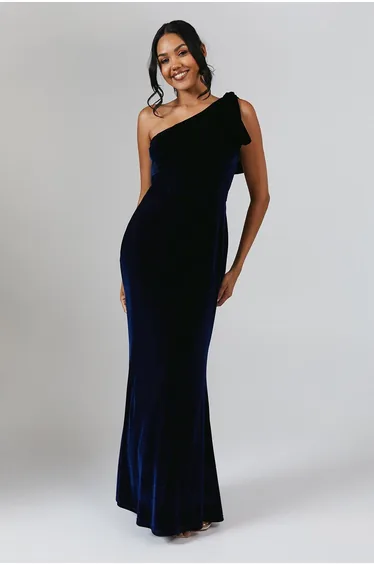 Bow One Shoulder Velvet Maxi Dress