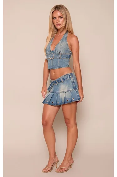 Petite Vintage Wash Denim Belt Detail Pleat Mini Skirt