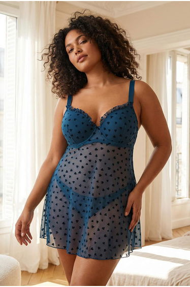 Oil-filled adjustable strap flocked heart pattern plus size babydoll