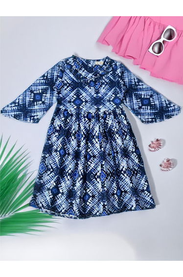 All-Over Print V Neck Long Sleeves Dress