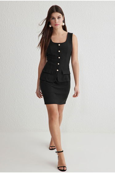 Black A Cut Vest Detail Buttoned Mini Woven Dress