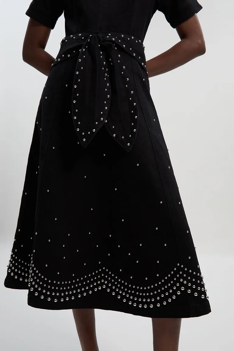 Denim Placed Studs Tie Belted Short Sleeve Full Midi Dress - 2