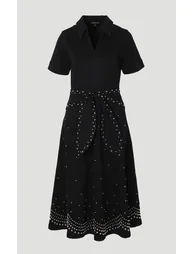 Denim Placed Studs Tie Belted Short Sleeve Full Midi Dress - 3