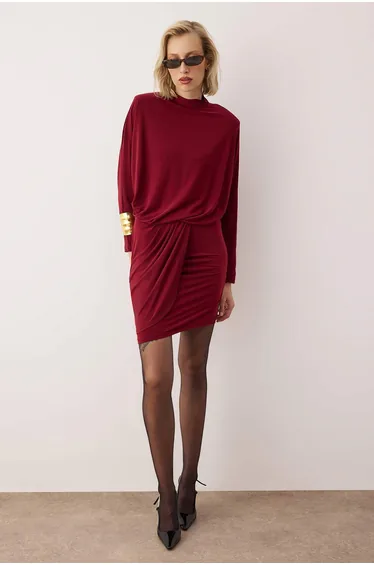 Burgundy Padded Knitted Short / Mini Unlined Dress