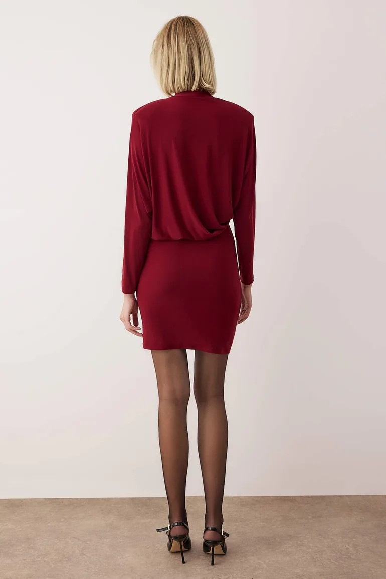 Burgundy Padded Knitted Short / Mini Unlined Dress - 3
