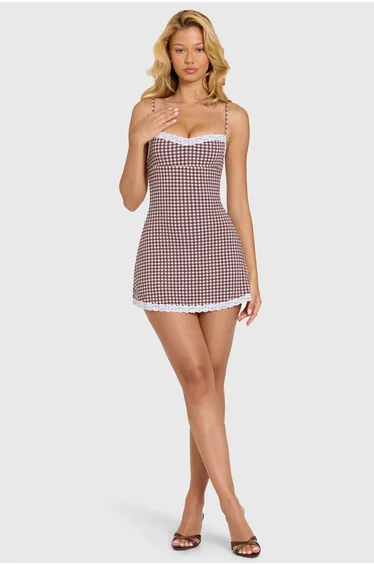 Modal Lace-Trim Mini Dress in Brown Gingham