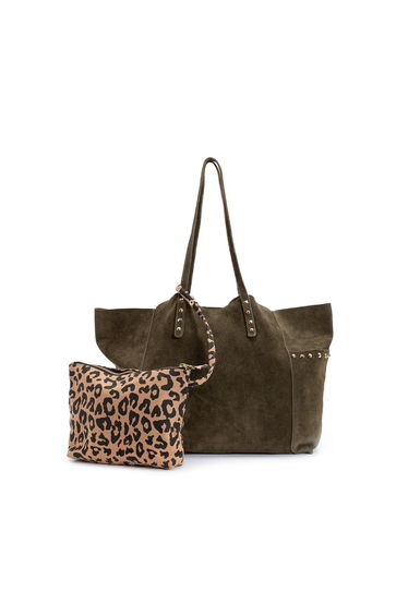 Suede Tote Bag with Leopard Print Pouch
