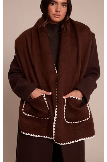 Chocolate Blanket Stitch Contrast Pocketed Scarf