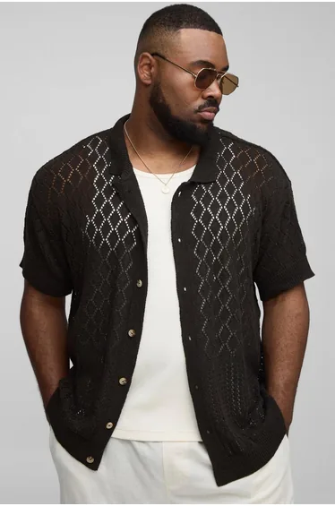 Plus Open Stitch Crochet Relaxed Polo Shirt - coffee