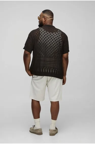 Plus Open Stitch Crochet Relaxed Polo Shirt - coffee