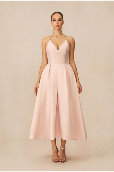 Enchant My Love Pink V-Neck Spaghetti Straps Midi Dress