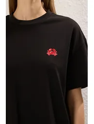 Black 100% Cotton Embroidered Oversize/Wide Pattern Crew Neck Knitted T-Shirt - 2