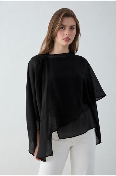 Black Front Button Detailed Oversize Slim Draped Woven Blouse