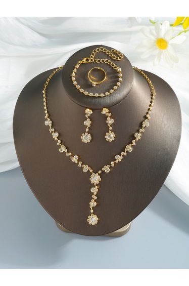 Set of 4 - Rhinestone Necklace, Bracelet, Earrings and Ring