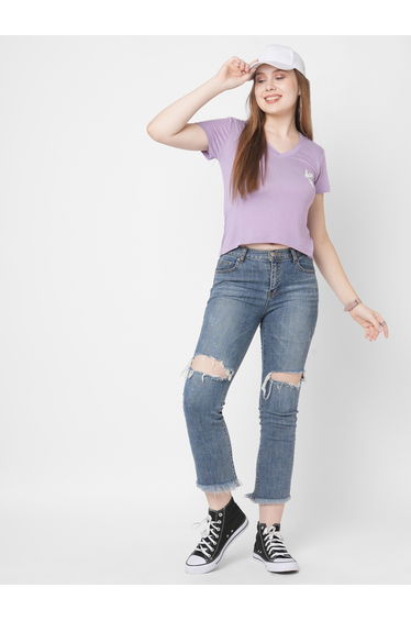 Women Purple Embroidered Bird Detail Short Sleeve T-Shirt
