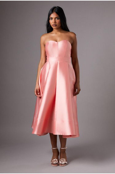 Petite Pleated Twill Midi Dress With Sweetheart Neckline