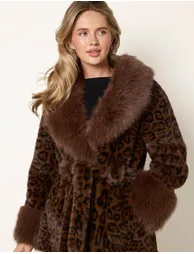 Leopard Plush Faux Fur Belted Coat - 1