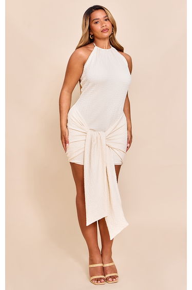 Shape Cream Textured Halterneck Wrap Front Mini Dress