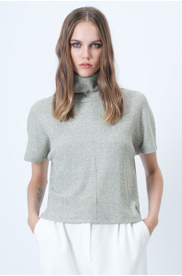 Women's Water Green Half Turtleneck Short Sleeve Knitwear Blouse