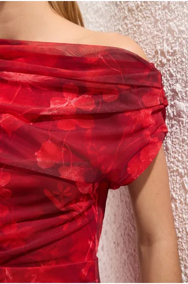 Red-Multicolored Abstract Patterned Lined Tulle Knit Midi Evening Prom Dress