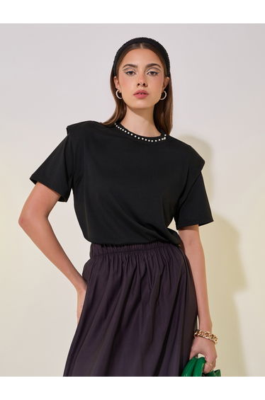 Faux Pearl Embellished Round-Neck T-Shirt