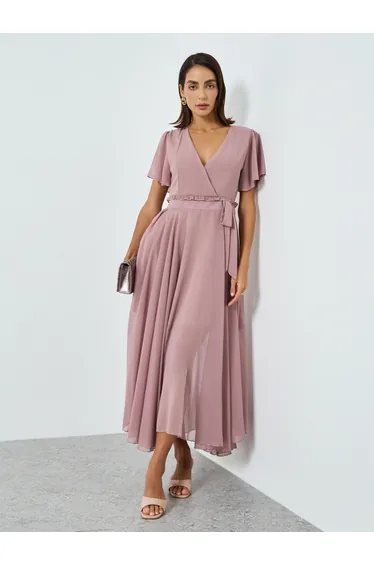 Women Pink Belted Short Sleeve Maxi Dress