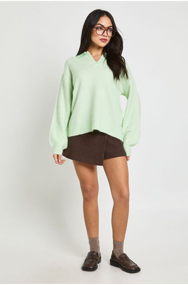 Super Soft V Neck Collared Knitted Jumper - sage