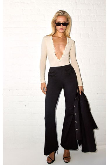 Cream Mesh Frill Detail Plunge Bodysuit