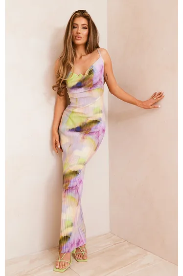 Multi Watercolour Plisse Strappy Maxi Dress