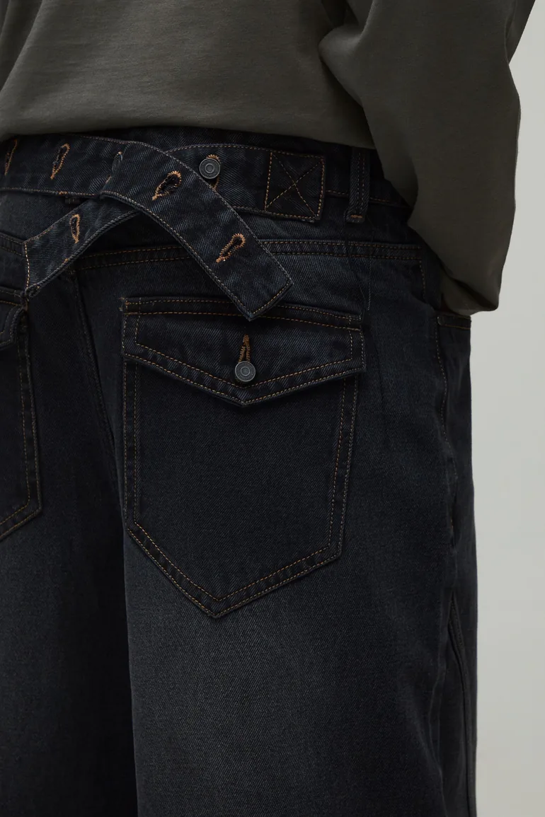 Adjustable Waist Contrast Stitch Barrel Leg Jeans - washed black - 3