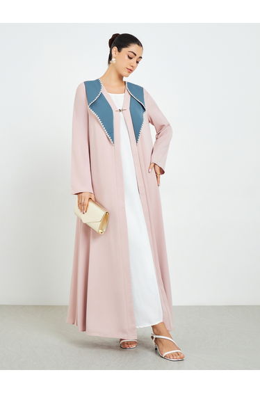 Beige Color Block Open Front Abaya