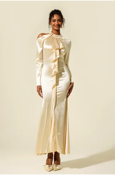 Lisette Frill Cut-Out Midi Dress in Apricot