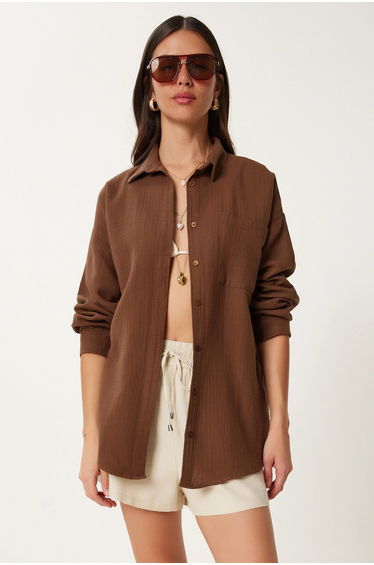 ISTANBUL Oversized Textured Cotton Shirt with Pocket
