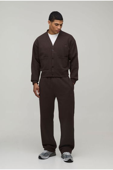 Oversized Boxy Official Man Applique Jersey Cardigan Tracksuit - chocolate