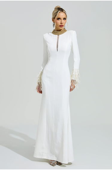 Lorca White Collar Feather Maxi Dress