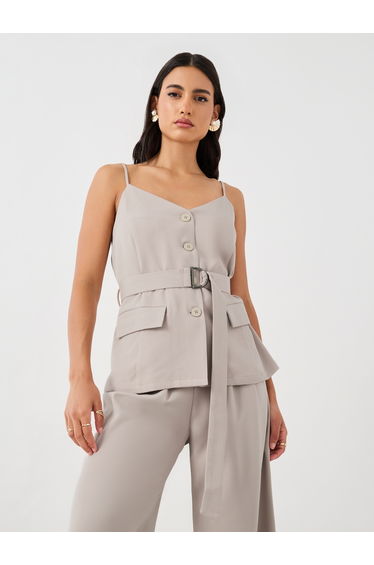 Solid Strappy Belted Waistcoat