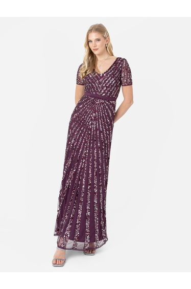 Maya Berry Short Sleeve Stripe Embellished Maxi Dress