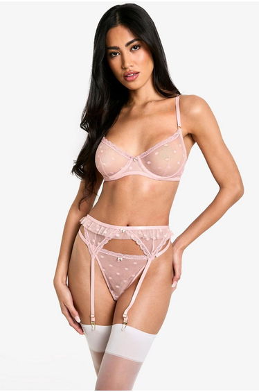 Valentines Spot Mesh Bow Trim Suspender - baby pink