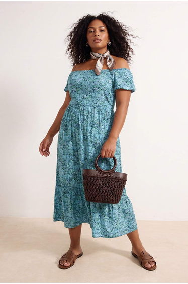 Blue Floral Pattern A-Line Maxi Length Knitted Plus Size Dress