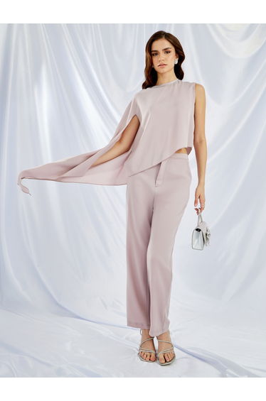 Round Neck One Cape Sleeve Top and Pants Co-Ords