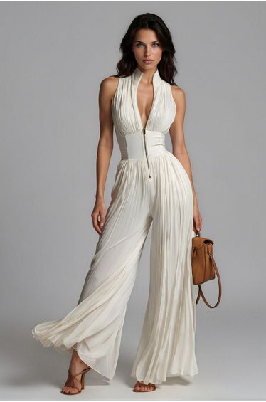Sera Zipper Ruch Jumpsuit In White
