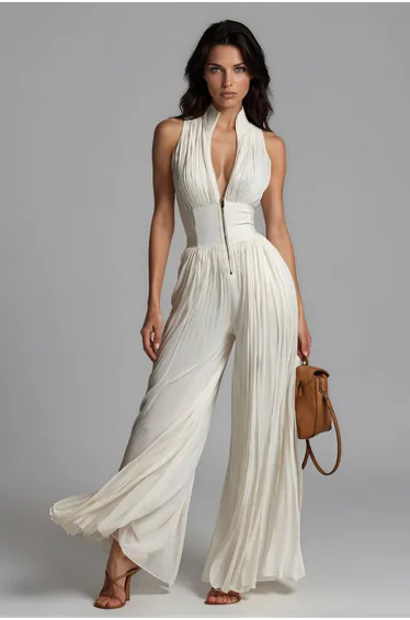 Sera Zipper Ruch Jumpsuit In White