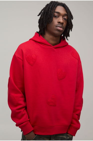 Oversized Boxy Heart Applique Hoodie - red
