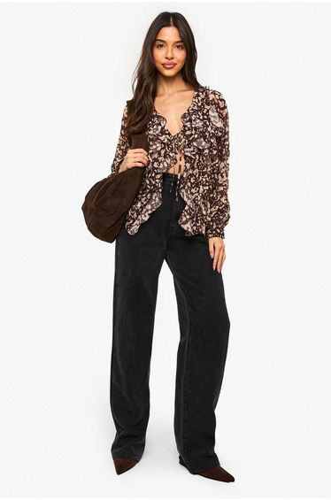 Abstract Print Chiffon Ruffle Blouse - black