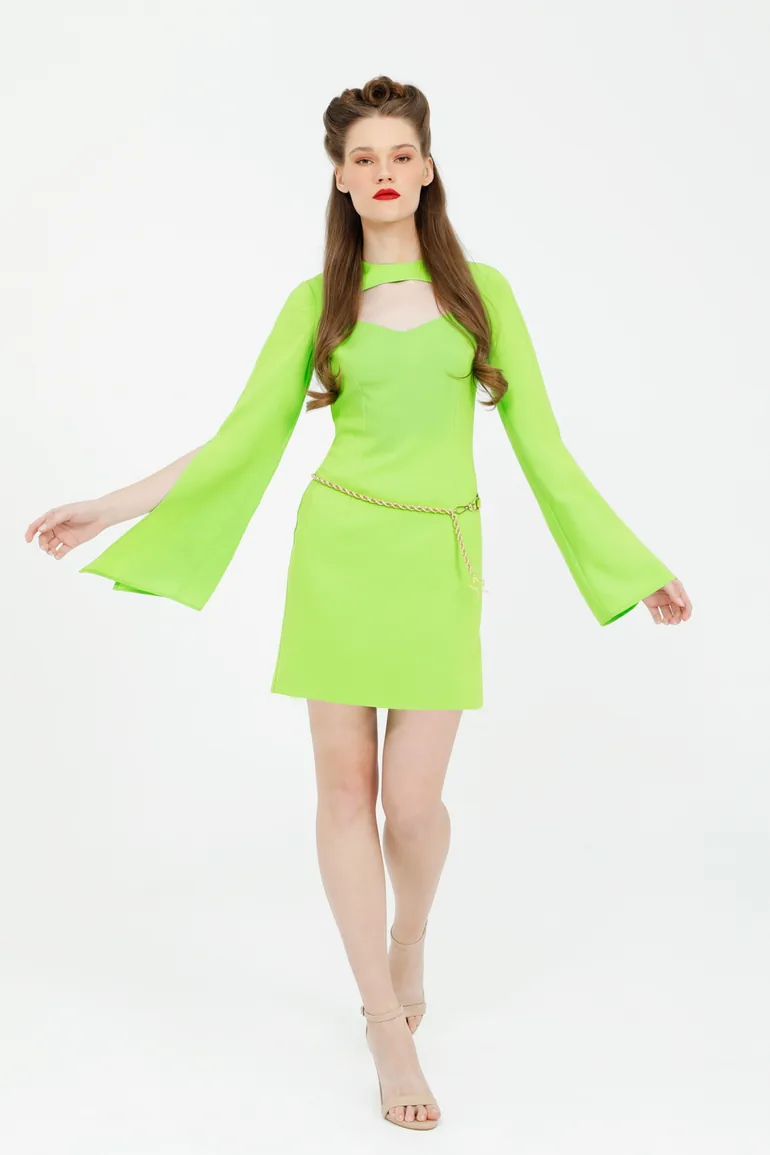 slim fit dress slacks Blue Green Tropical Print Gold Chain Straps Tie Up Sides Dress main image 0