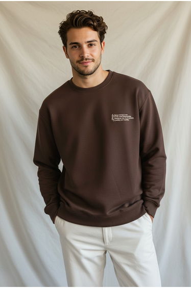 Brown Oversize/Wide Cut Long Sleeve Text Embroidered Sweatshirt