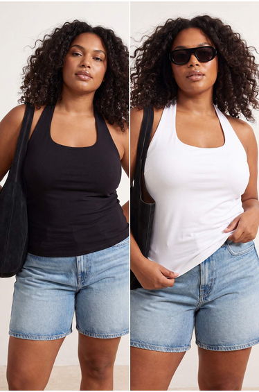 Black-Ecru 2'Li Package Soft Drapey Fabric Cropped Knitted Large Size Undershirt