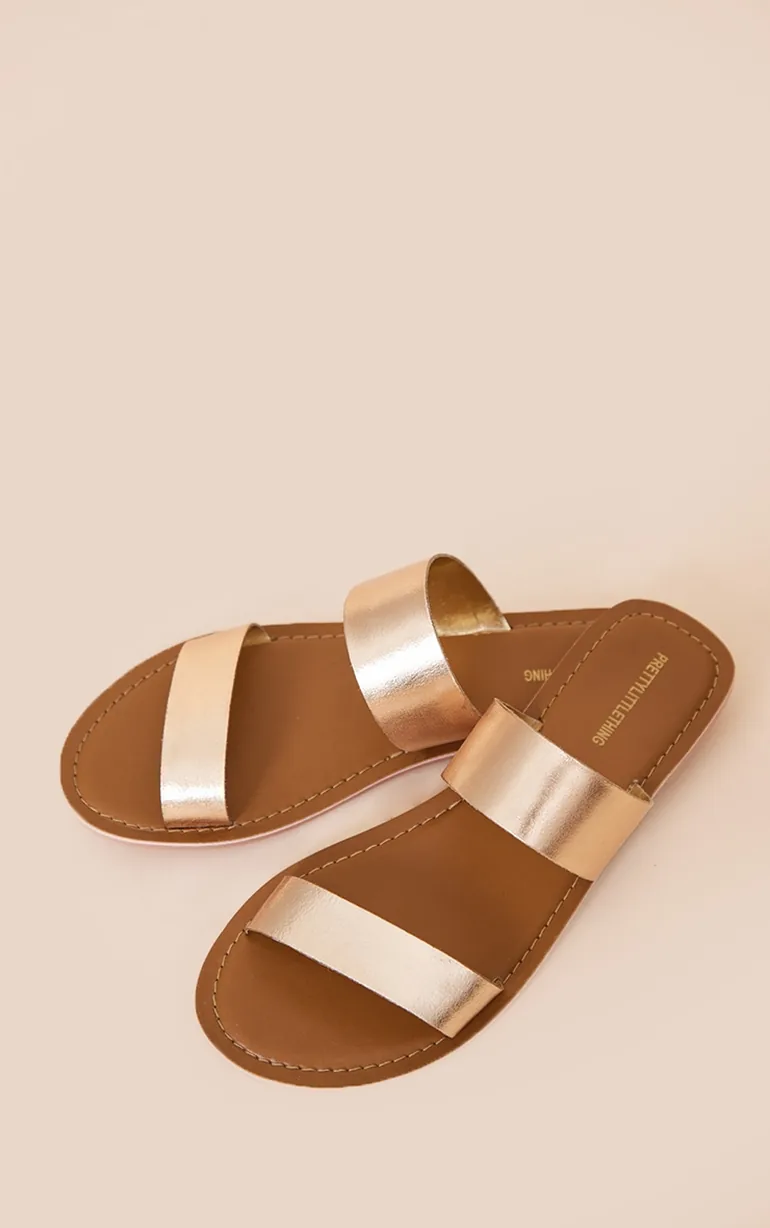Gold Twin Strap Basic Leather Sandals - 2