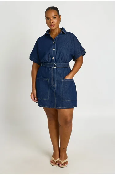 Plus Denim Utility Belt Shift Dress - indigo